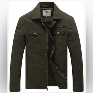 NWT WenVen Men's Casual Canvas Cotton Army Green Military Lapel Jacket 3XL